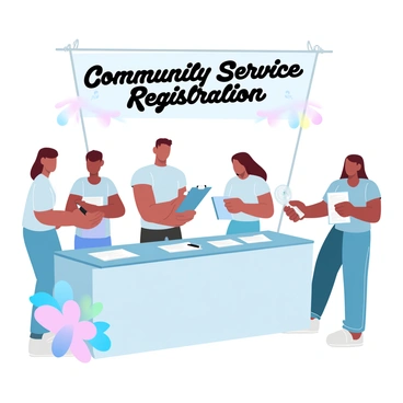 A registration table is set up at a community service event. Several volunteers are gathered around the table, filling out forms. One volunteer is holding a clipboard with a pen ready to sign. Another volunteer is handing out informational brochures to a person standing nearby. A banner above the table displays the words "Community Service Registration" in bold letters. Colorful decorations are placed around the table, creating a welcoming atmosphere.