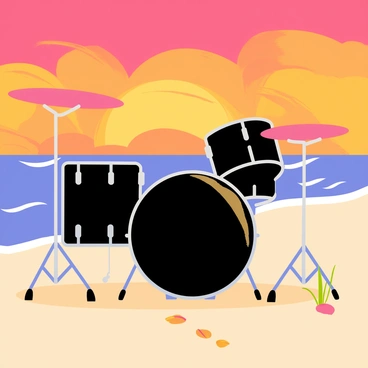 A drum kit positioned on a sandy beach, featuring shiny black drums and silver hardware, reflecting the warm colors of the sunset. The sky is filled with vibrant shades of orange, pink, and purple, creating a stunning backdrop. In the distance, gentle waves are crashing against the shore, adding to the coastal scene. Small footprints lead from the drums to the water's edge, suggesting recent activity. The beach is bordered by a few scattered seashells and tufts of beach grass swaying lightly in the breeze.