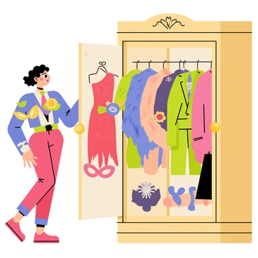 A character opening a large wardrobe filled with dazzling costumes and accessories
