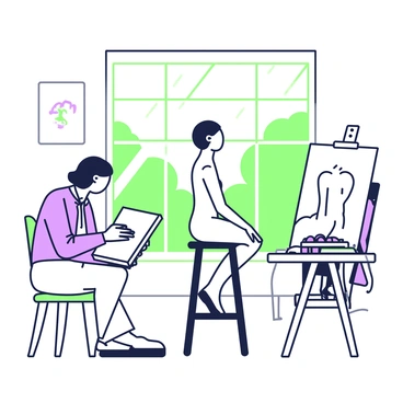 An artist is working in a studio filled with natural light. The artist, with a sketchbook in hand, is seated on a chair, intently focused on sketching. In the center of the scene, a model is seated on a stool in a relaxed pose. The model has an elegant posture, and their features are well-defined, allowing for detailed sketching. Sunlight streams through large windows, creating bright highlights and soft shadows around the room. Various art supplies like pencils, charcoal, and a palette are scattered on a nearby table, alongside a few completed sketches.
