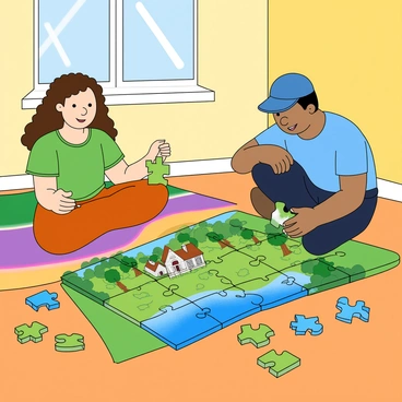 Two friends are sitting on a colorful rug in a bright room, working together to complete a large jigsaw puzzle. One friend, a girl with curly brown hair and wearing a green t-shirt, is holding a piece and looking thoughtfully at the puzzle spread out in front of them. The other friend, a boy with straight black hair and wearing a blue baseball cap, is bent over the puzzle, carefully placing a piece in its spot. Surrounding them are scattered puzzle pieces in various colors and shapes, and a completed section of the puzzle is visible, depicting a vibrant landscape with trees and a small cottage. Sunlight streams in through a window, casting playful shadows across the floor.