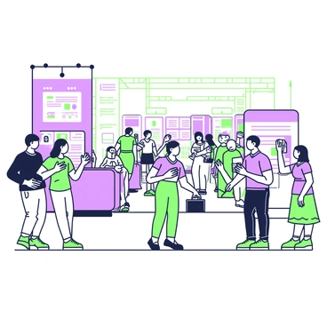 A start-up expo is taking place in a large hall filled with various booths. Each booth is distinct, showcasing different products and services. Attendees are engaged in discussions, some holding brochures while others are demonstrating gadgets. In the foreground, a group of three people is enthusiastically conversing, one of them is pointing towards a display on a booth. Nearby, a tall booth has a digital screen displaying information about an innovative app. In the background, several people are moving between booths, with some taking notes and others exchanging business cards. Bright lighting illuminates the scene, creating an energetic atmosphere.