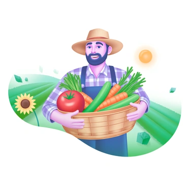 A farmer stands with a proud smile, holding a woven basket filled with an assortment of freshly picked organic vegetables. The basket overflows with vibrant colors, featuring shiny red tomatoes, crisp green cucumbers, and bright orange carrots with their green tops still attached. The farmer is dressed in a plaid shirt and a straw hat, with a sunny field in the background, where rows of leafy greens can be seen. A few small sunflowers are scattered around the scene, adding a touch of cheerfulness.