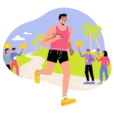 A runner wearing a bright red tank top and black running shorts is pushing through a marathon. The runner has sweat glistening on their forehead, indicating their determination and focus. They are surrounded by cheering spectators holding colorful signs. The backdrop features a clear blue sky and a winding road lined with palm trees, suggesting a sunny day. The runner's expression is intense, with eyes fixed ahead, showcasing their commitment to finish the race.