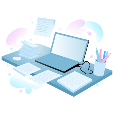 A cluttered workstation is filled with various sketches scattered across the surface. There is a drawing tablet prominently placed in the center, connected to a laptop with visible wires. Around the workstation, several client notes are organized in stacks, with some partially opened to reveal written instructions. A cup filled with colored pens and pencils stands at one side of the table. The background features a soft, gradient of pastel colors illuminating the workspace, adding a creative atmosphere.