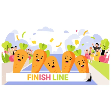 A group of animated orange carrots with smiling faces are racing across a white finish line marked with a colorful banner that reads "Finish Line". The scene features a cheering crowd of various cartoon vegetables, including broccoli, tomatoes, and peas, all expressing excitement with their arms raised. Bright confetti is falling from the sky, adding to the festive atmosphere. The background is filled with colorful cartoon trees and a clear blue sky, enhancing the joyful setting of the race.