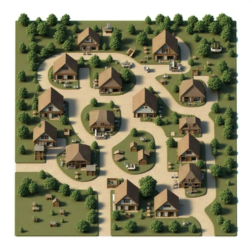 A medieval village floor plan featuring winding cobblestone streets that connect various sections of the village. Small cottages made of timber and thatch are scattered throughout the layout, each with distinct characteristics such as flower boxes under the windows and smoke curling from chimneys. There are communal areas, including a central square with a well and market stalls, where villagers gather. The cottages are arranged closely together, creating a cozy and interconnected feel. Surrounding the village are fields and a distant forest, adding to the rustic charm of the scene.
