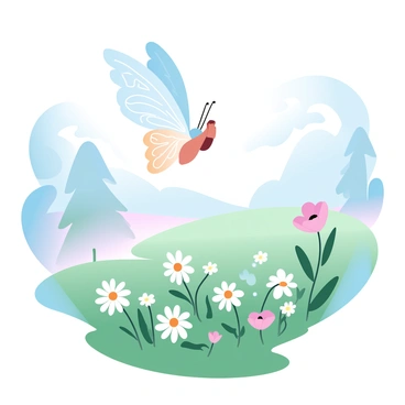 A fairy with delicate wings that mimic the patterns and colors of a butterfly is gracefully hovering above a meadow filled with vibrant wildflowers. The wings are adorned with intricate designs showcasing shades of orange, blue, and yellow. The meadow is lush and green, dotted with daisies and poppies swaying gently in the breeze. The sunlight filters through the trees, casting soft shadows on the ground, enhancing the colors and textures of the scene. In the background, there is a gentle slope leading to a line of trees, creating a natural frame for the fairy and the meadow.