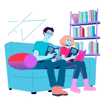 A big brother with short brown hair and glasses is sitting on a comfortable couch. He is wearing a blue t-shirt and jeans. Next to him, his younger sibling, a girl with curly blonde hair, is wearing a pink t-shirt and colorful leggings. They are both engrossed in reading comic books. The couch is adorned with vibrant cushions, and there are shelves filled with various comic books in the background. Light from a nearby window casts a warm glow over them, highlighting their focused expressions.