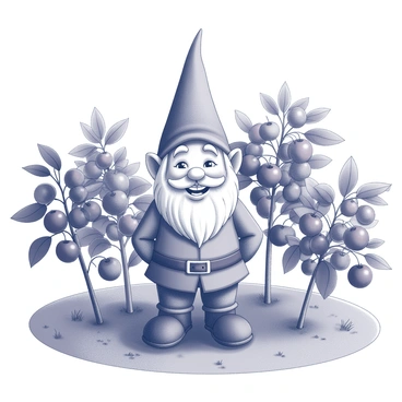 A garden gnome is standing in the center of a lush garden. The gnome is wearing a traditional pointy hat and has a cheerful expression on its face. Surrounding the gnome are several cherry plants, each heavy with ripe cherries. The plants have green leaves that create a dense backdrop. The ground is covered with soft soil, and there are small patches of grass peeking through. The scene conveys a sense of abundance and nature's bounty.