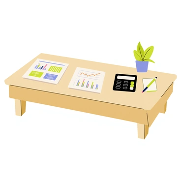 An office desk made of light wood with a smooth surface. On the desk, there are several colorful charts displaying various financial data arranged neatly. A black calculator sits prominently on the right side of the desk, with its buttons visible. A green notepad with a pen rests next to the calculator. A small potted plant adds a touch of greenery to the workspace, completing the organized and professional look of the scene.
