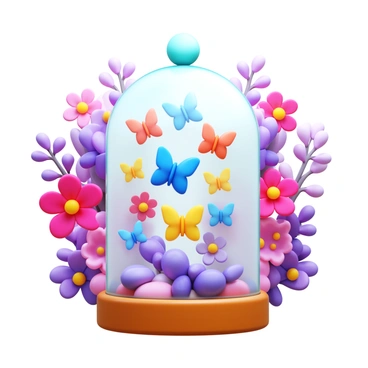 A transparent cloche with butterflies fluttering inside. The butterflies are a variety of colors, including vibrant blues, yellows, and oranges. The base of the cloche is made of polished wood, adding a natural contrast. Surrounding the cloche is a floral backdrop filled with blooming flowers in shades of pink, lavender, and white. The petals are delicately detailed, and some flowers are partially in bloom while others are fully open, providing a rich and textured environment.