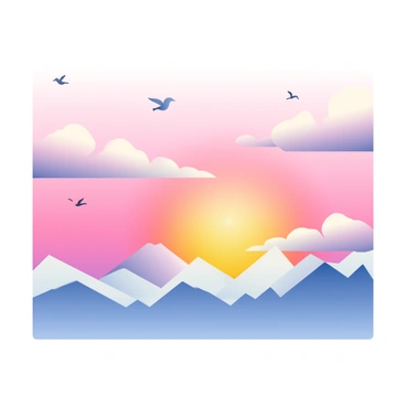 A sunset sky fills the background with hues of "pink," "purple," and "blue." The clouds are fluffy and billowing, resembling "cotton candy" as they reflect the vibrant colors of the sky. The transition between the colors is smooth and soft, creating a dreamy atmosphere. In the foreground, silhouettes of distant mountains can be seen against the colorful backdrop, adding depth to the scene. A few birds are flying across the sky, enhancing the sense of tranquility in the image.