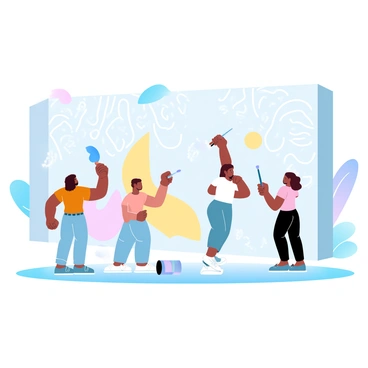 A diverse group of illustrators from various backgrounds is working together on a large mural that covers a substantial wall in a community space. Each illustrator is holding a paintbrush and is actively painting vibrant sections of the mural. One illustrator is applying bright blue paint, while another uses warm yellow and orange tones. A third illustrator is adding detailed patterns in soft pastel shades. The wall is filled with intricate designs that represent different cultures, united by flowing lines and shapes. There are paint cans and brushes scattered around, and the atmosphere reflects creativity and collaboration.