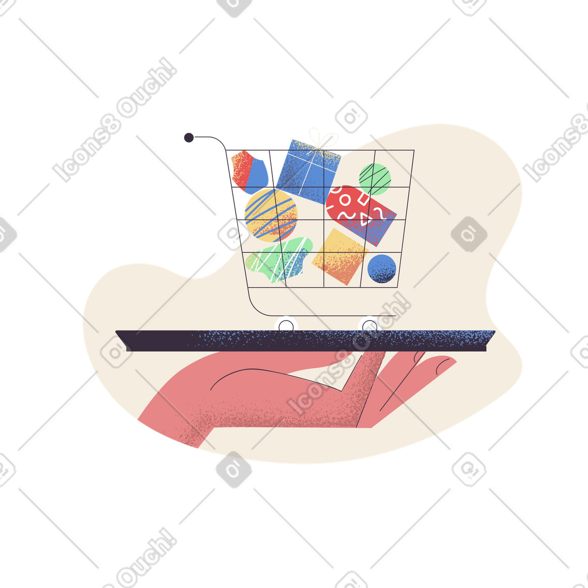Hand holding shopping cart with goods illustration in Pale style download in PNG, SVG