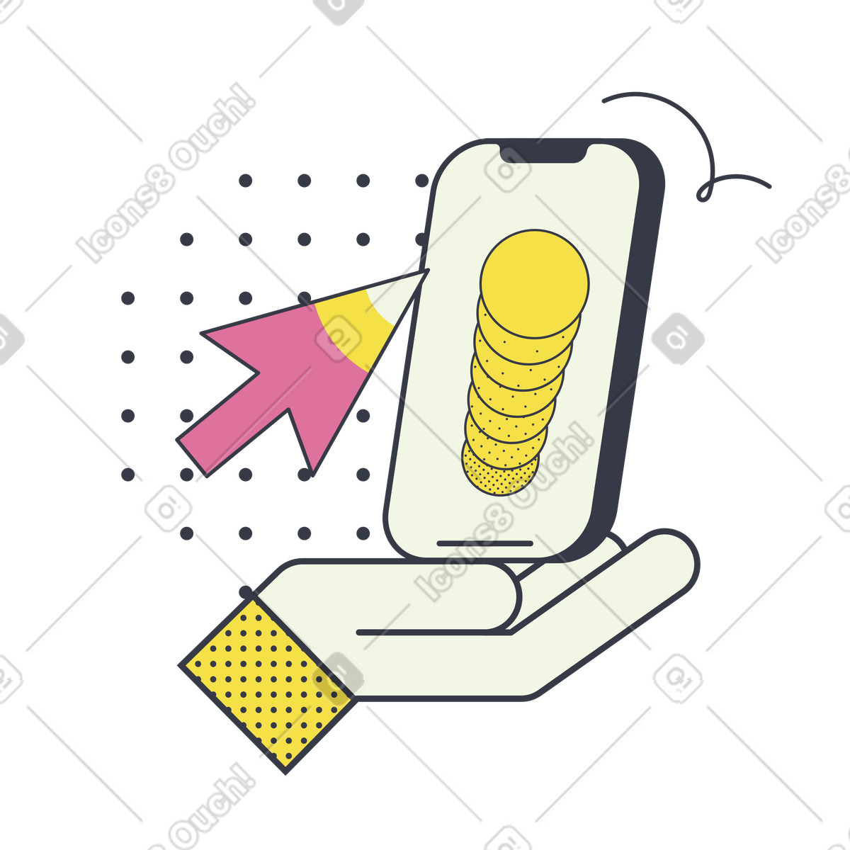 Hand holding phone displaying completed transaction illustration in PNG, SVG