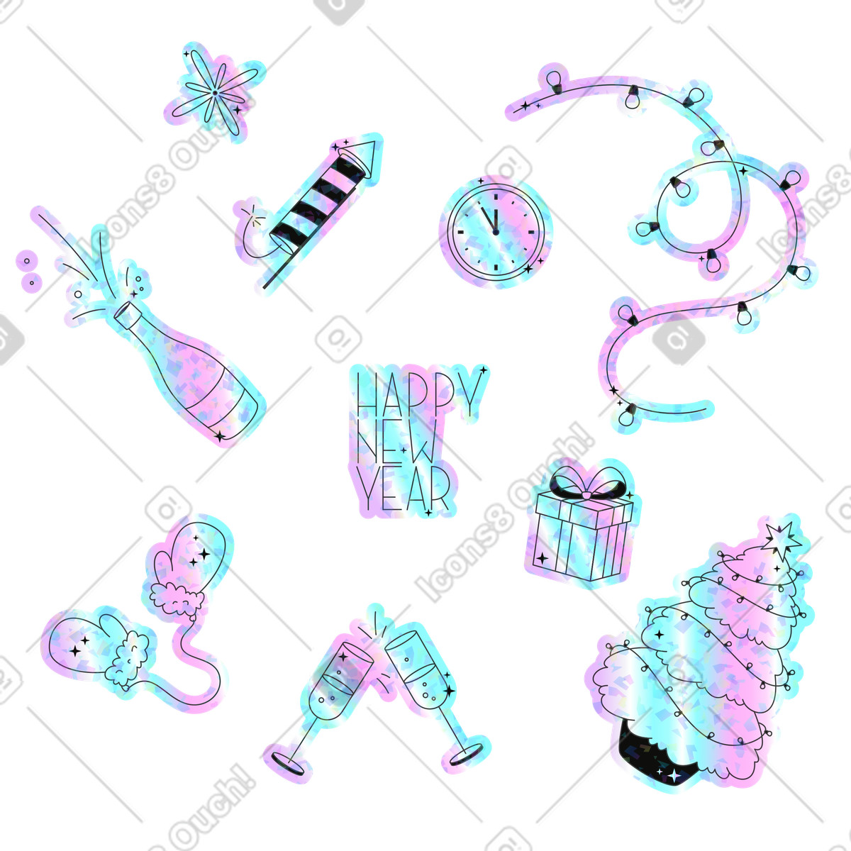 Illustration Articles du nouvel an : champagne, feux d'artifice, compte à rebours dans le style Holostickers télécharger aux formats PNG, SVG