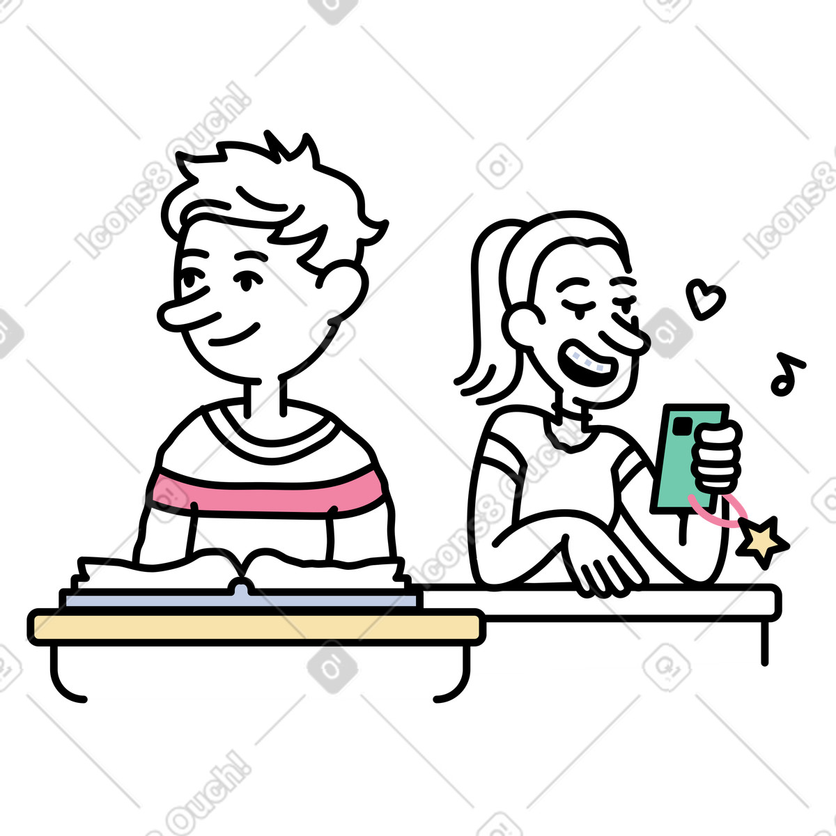 A boy and a girl at school illustration in Notes style download in PNG, SVG