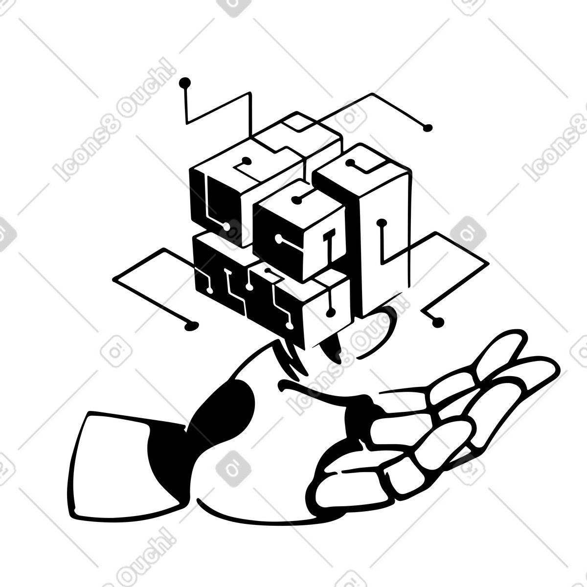 Robot hand holding modular cube, Artificial intelligence and technology concept-Illustration im Line-Stil als Download in PNG, SVG