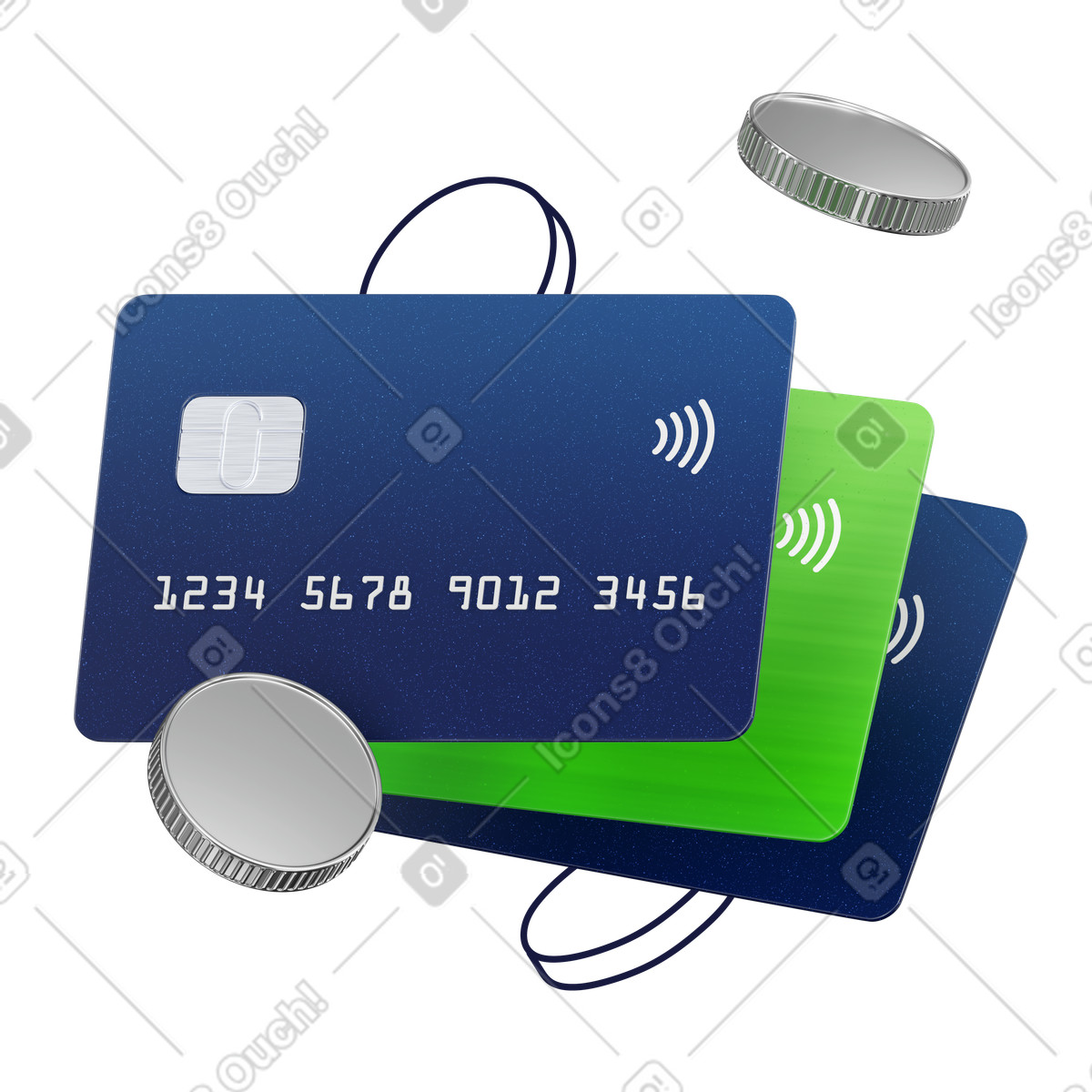 Stack of bank cards with falling coins, personal finance and budgeting illustrazione in stile 3D Surfaced scarica in PNG, SVG