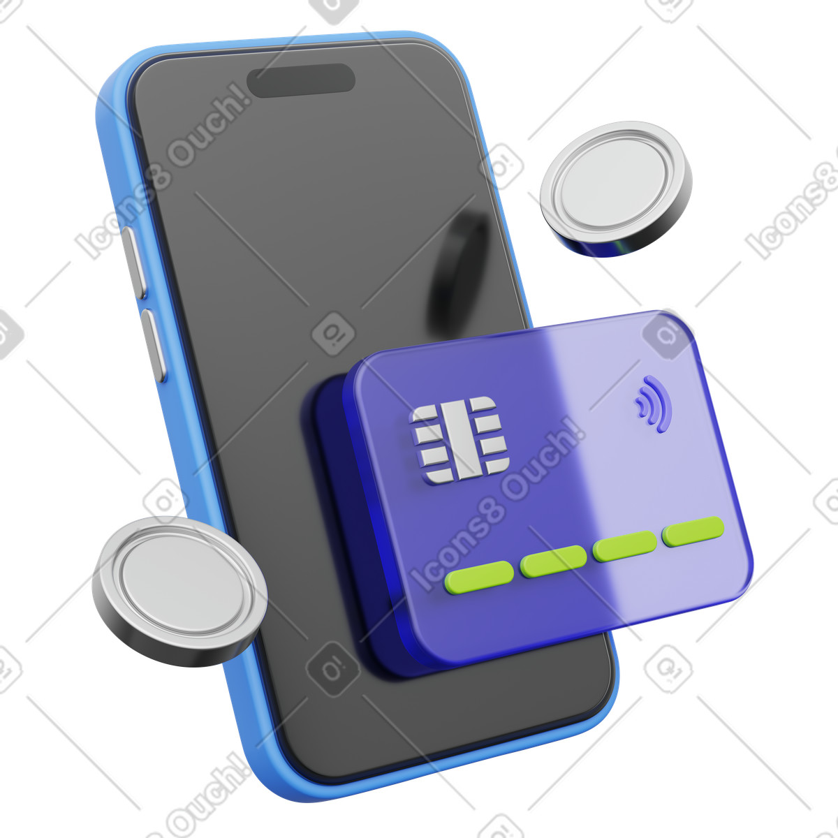 Digital wallet balance, Phone with credit card and coins, Electronic banking concept illustration in 3D Playful style download in PNG, SVG