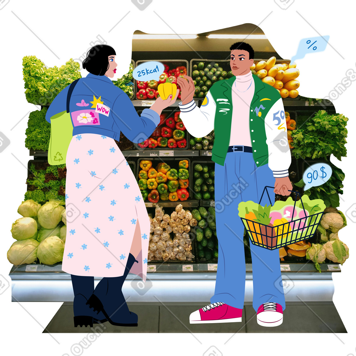 Young people buying healthy products at the supermarket illustrazione in stile Everyday scarica in PNG, SVG