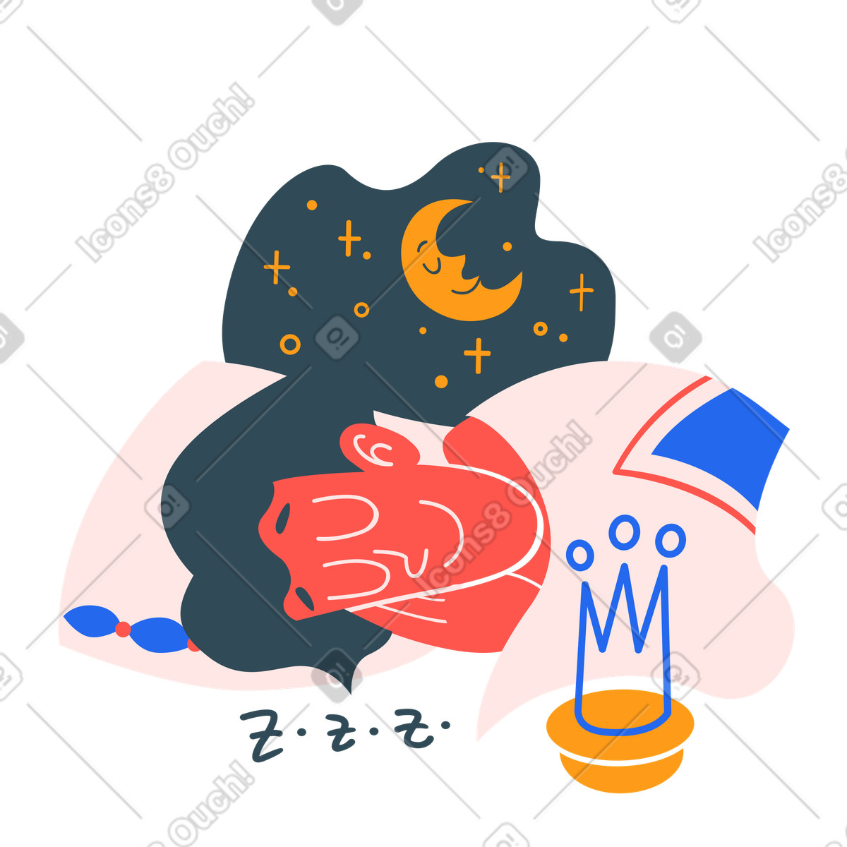 Dreamer peacefully sleeping at bed, Logging out or end of work session illustration in Kingdom style download in PNG, SVG
