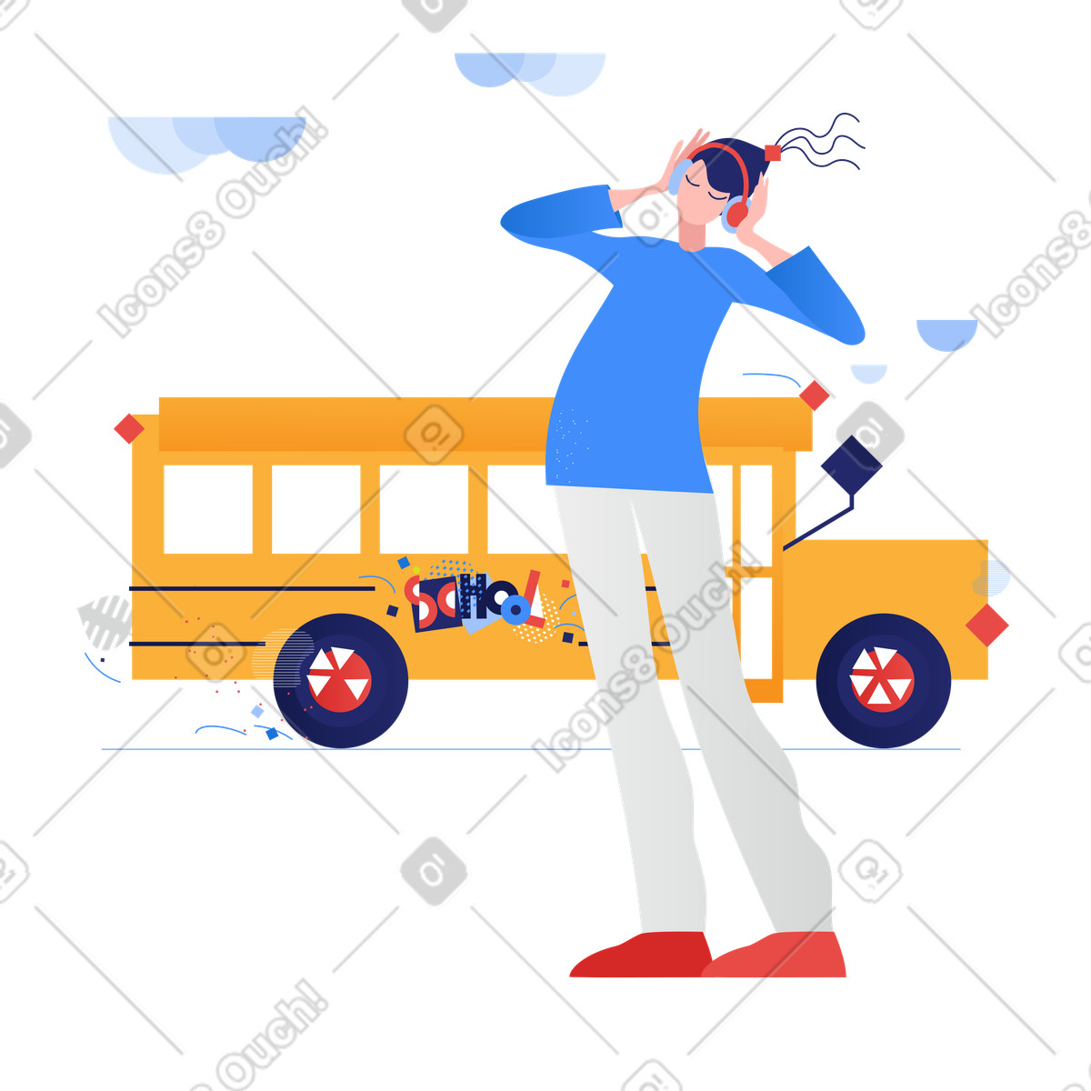 Ilustração de Aluno e ônibus escolar em no estilo Clip para baixar em PNG, SVG