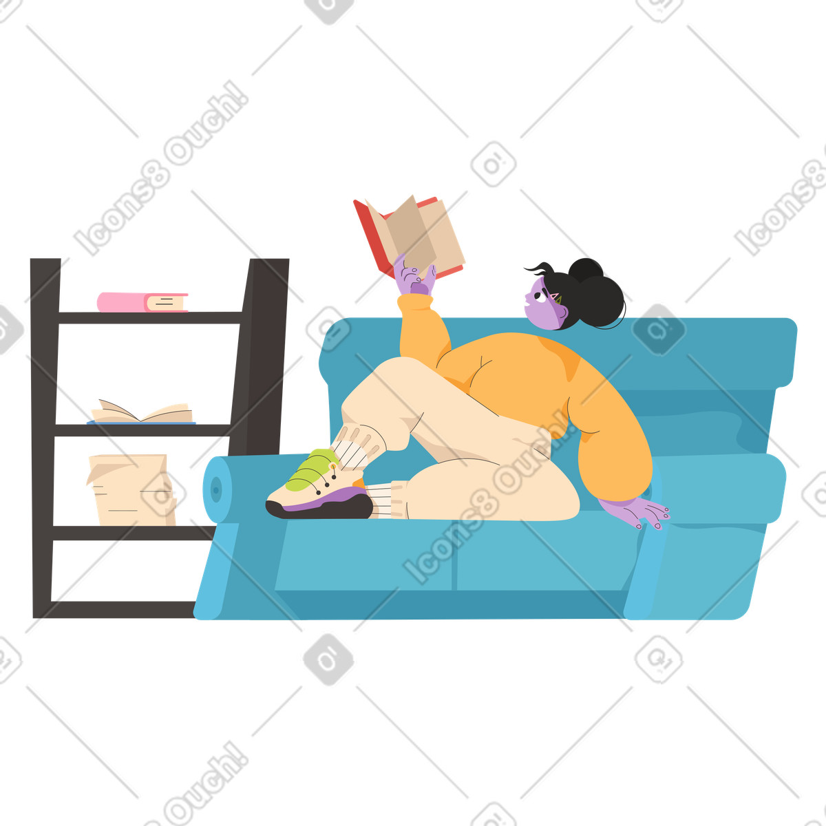 Ilustração de Menina adolescente lendo em um sofá no estilo Dizzy para baixar PNG, SVG