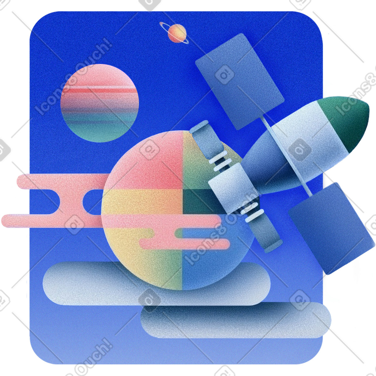 Illustration Satellite artificiel et planète terre dans l'espace, technologie de communication mondiale, navigation par gps le style Grainy à télécharger aux formats PNG, SVG