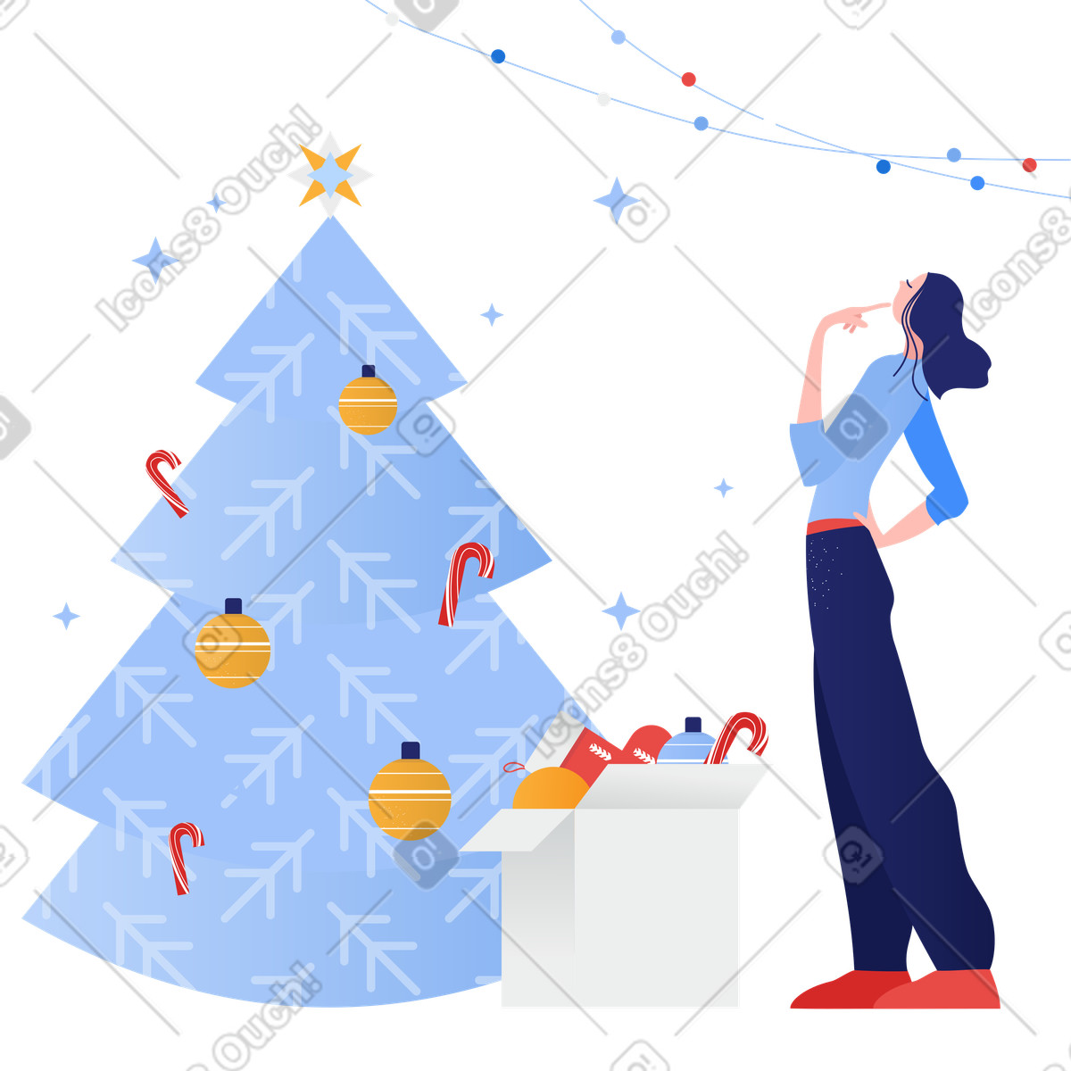 Decorating Christmas tree, Holiday preparation and celebration-Illustration im Clip-Stil als Download in PNG, SVG