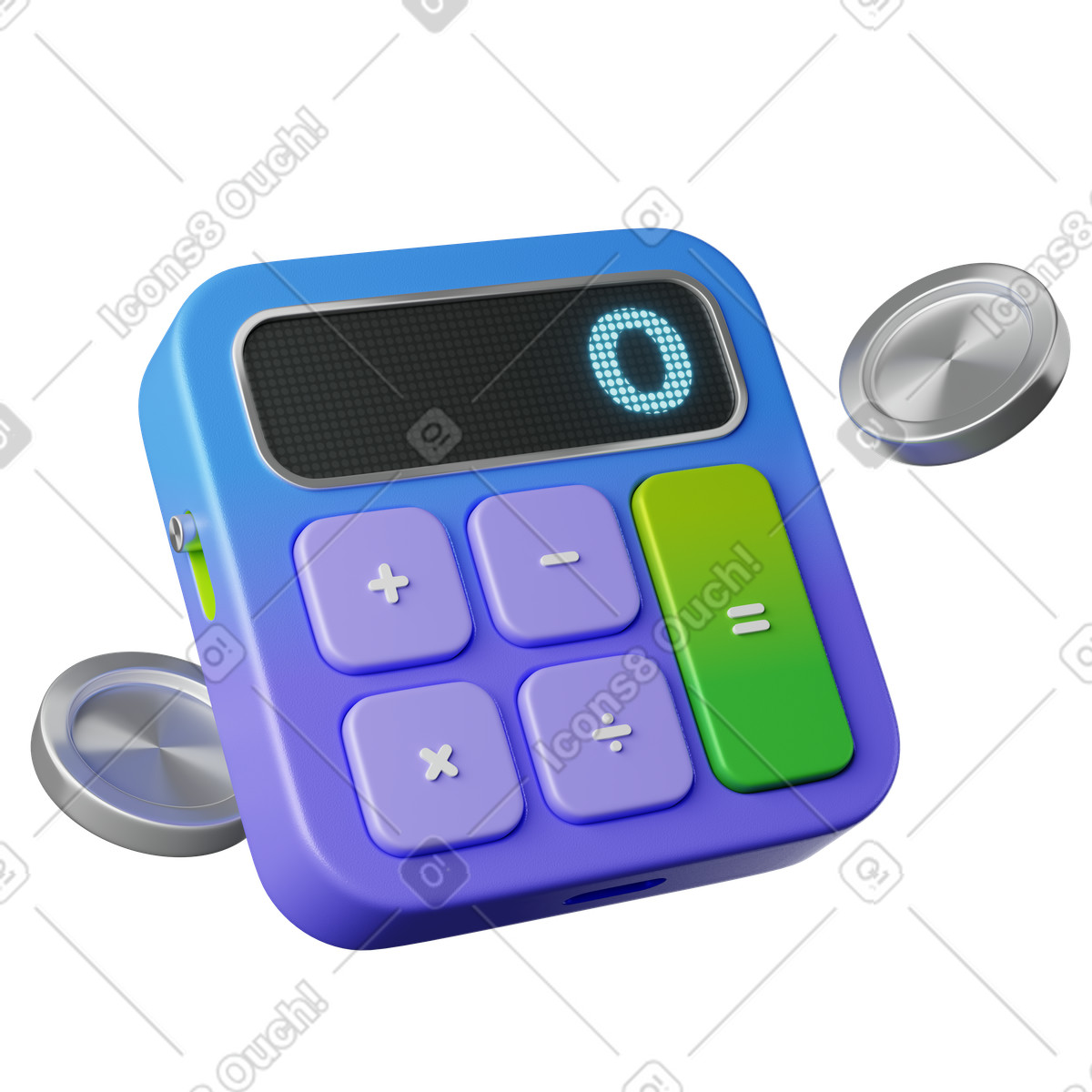 3D Plastic スタイルの Calculator device with coins displaying zero on digital screen のイラストをPNG、SVG形式でダウンロード
