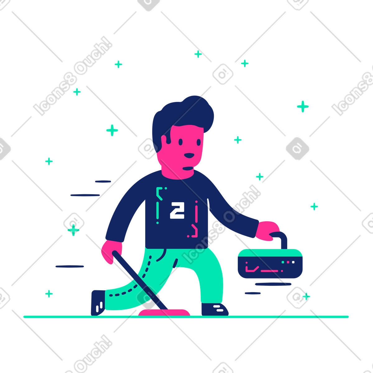 Bigodino lancia un curling stone illustrazione in stile Cyborg scarica in PNG, SVG