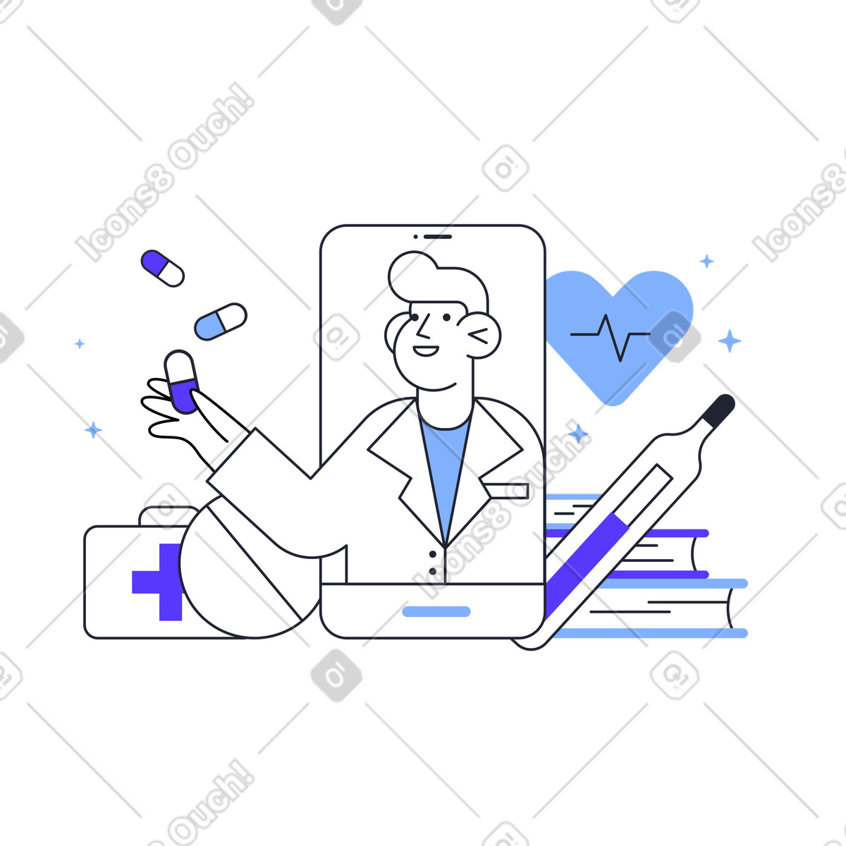 Ilustração de Médico em um telefone com comprimidos no estilo Pablita para baixar PNG, SVG
