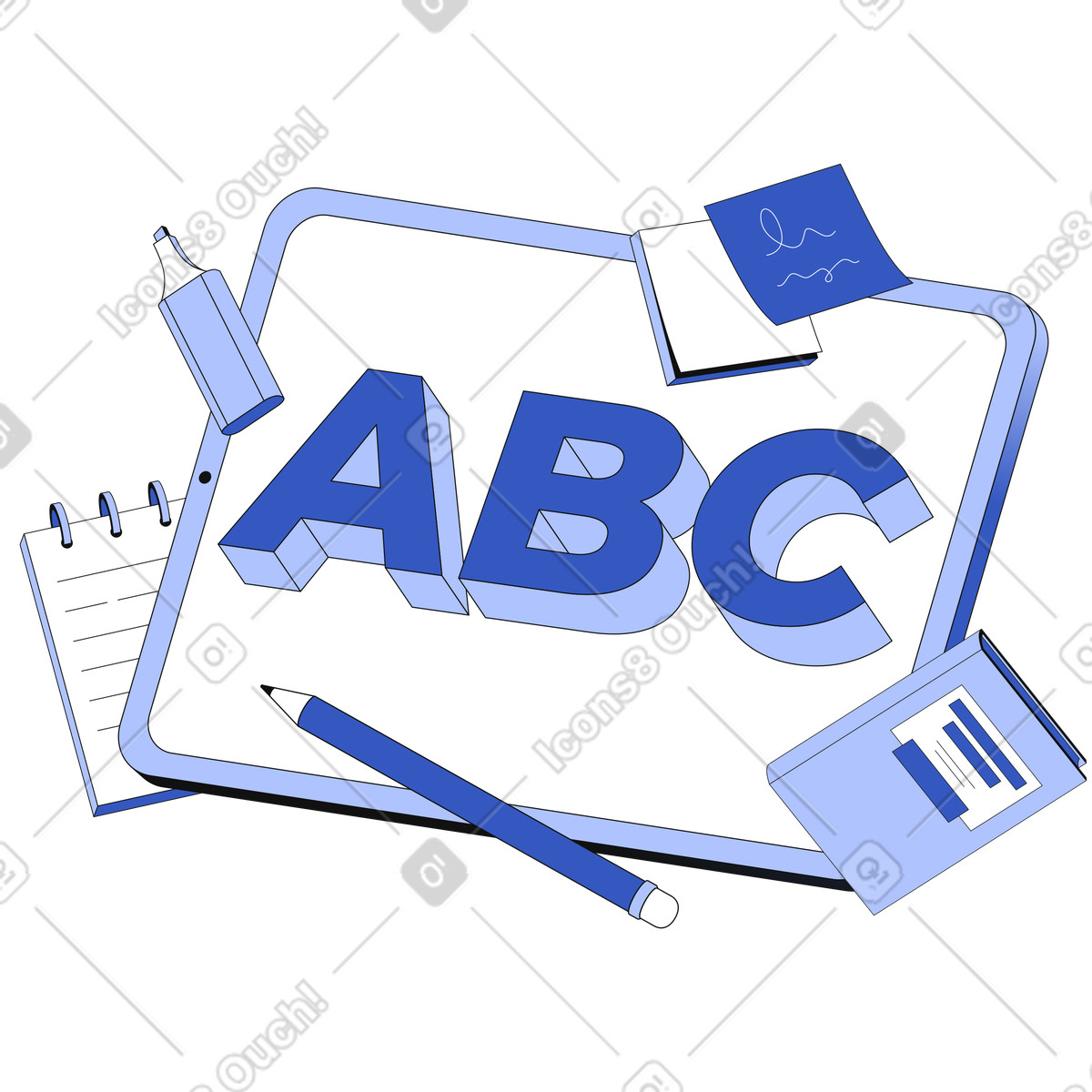 Lettering ABC with book, pencil and notepad text illustration in Techny style download in PNG, SVG