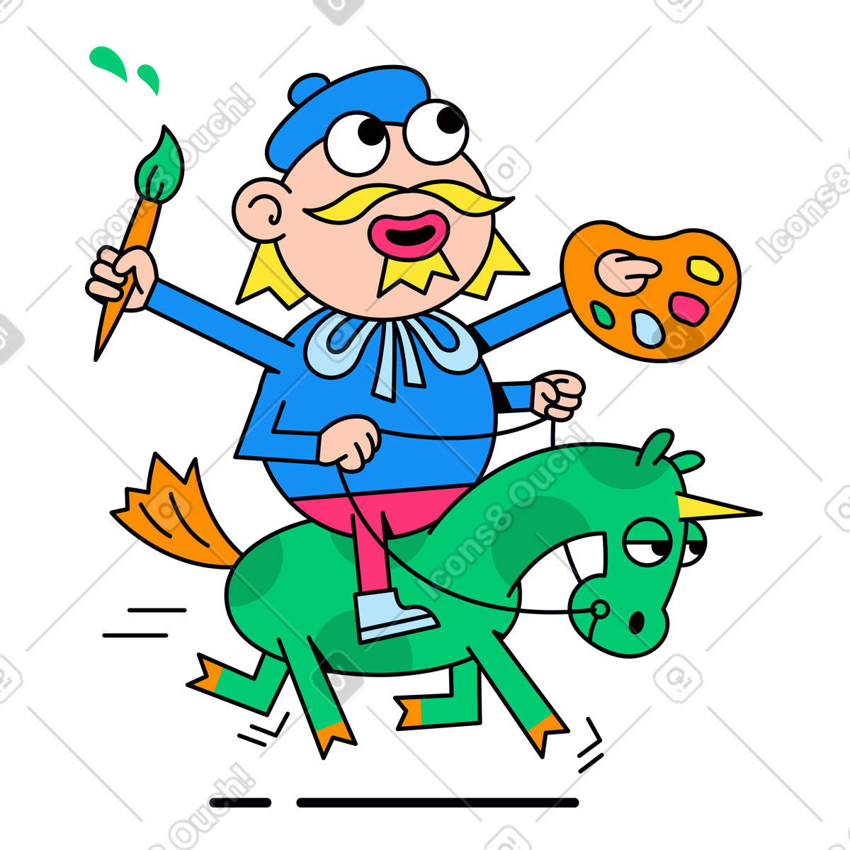 An artist with a palette and brush illustration riding a unicorn clipart for painting graphics