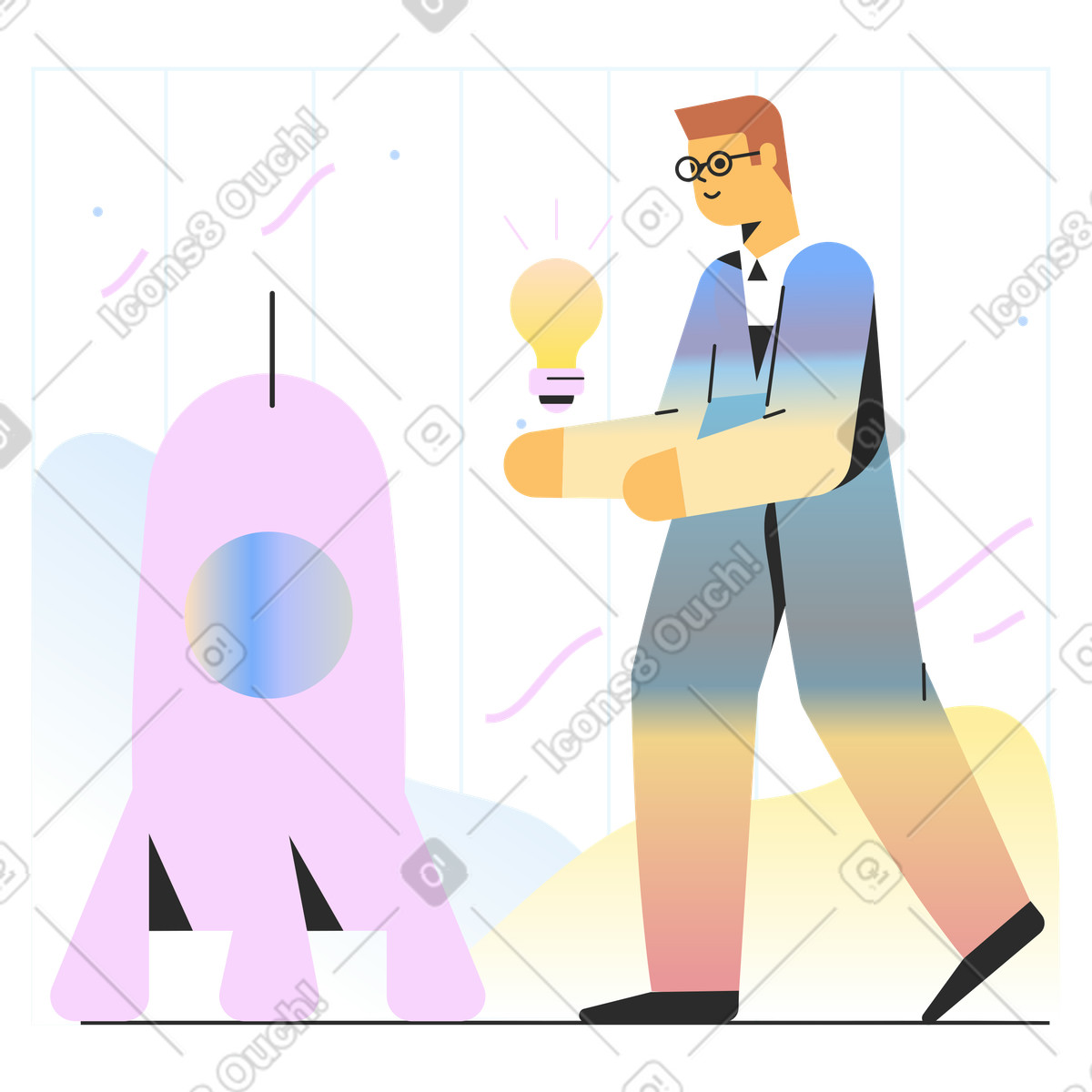 Marginalia 스타일의 Business professional with idea bulb and rocket 일러스트레이션 PNG, SVG 다운로드