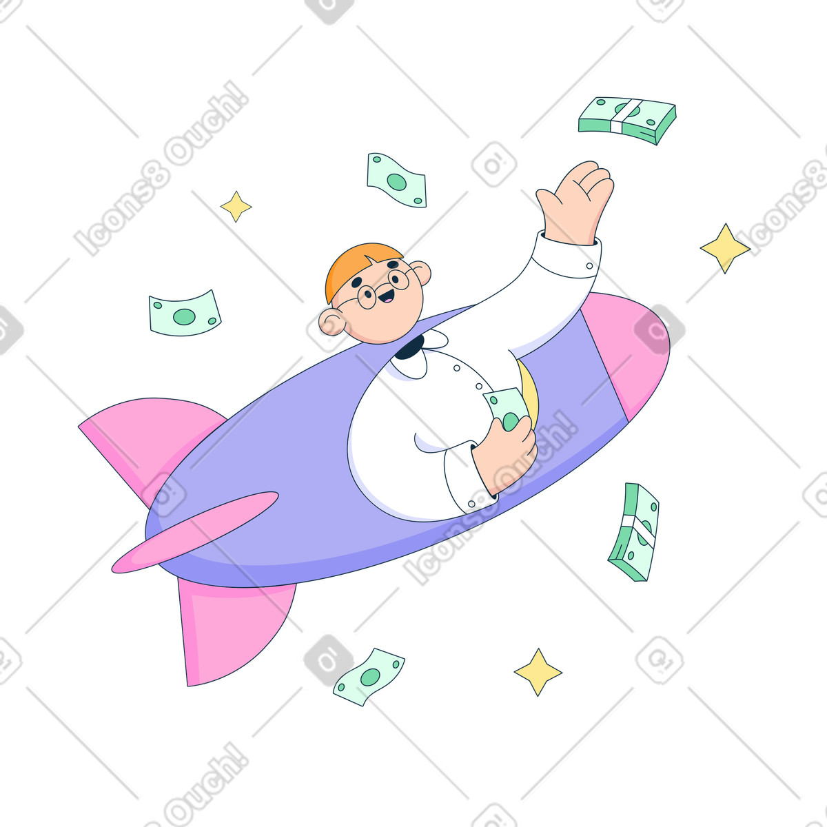 L'uomo d'affari nell'astronave cattura i soldi nello spazio illustrazione in stile Bubble gum scarica in PNG, SVG