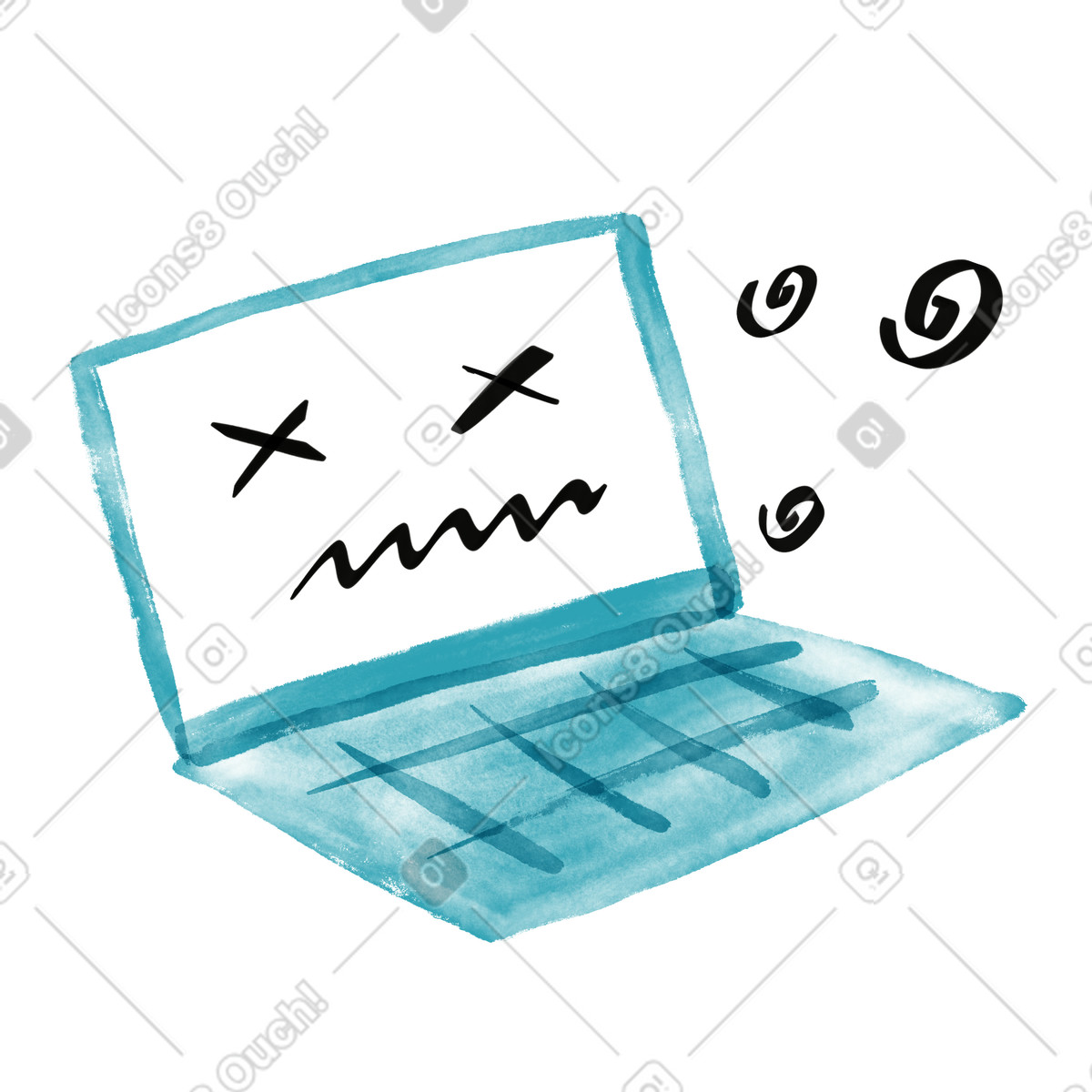 Ilustração de Laptop crash error screen with crossed eyes and scribble mouth em no estilo Watercolor sketch para baixar em PNG, SVG