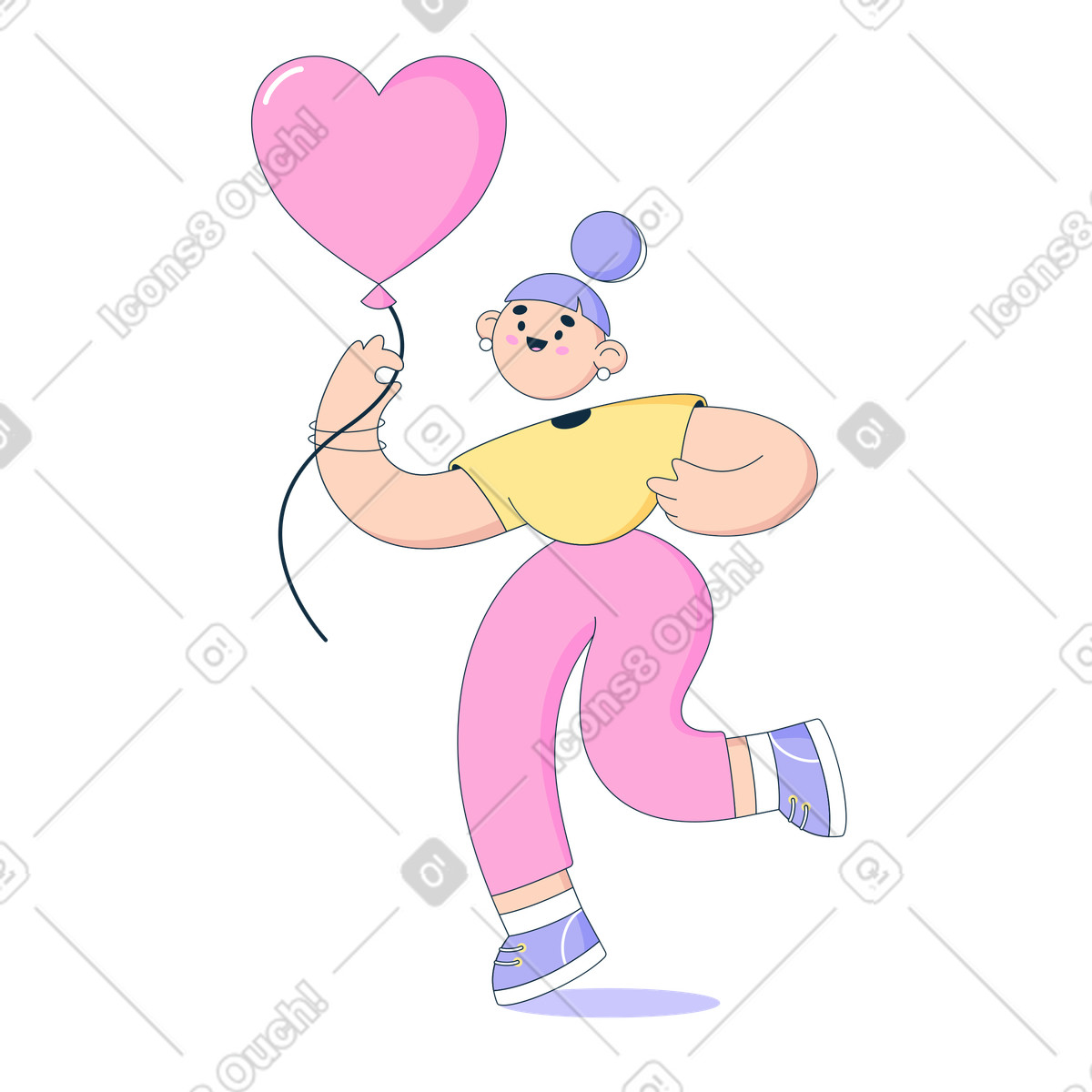Bubble gum スタイルの ハート型の風船を持って踊る女性 のイラストをPNG、SVG形式でダウンロード