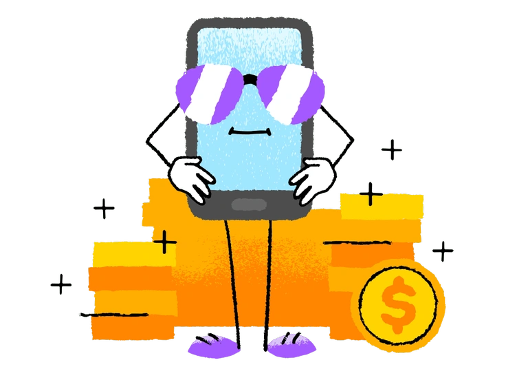 A robot holding a laptop with a download icon - Mirage style illustration