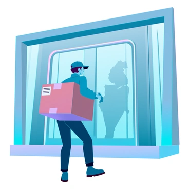 A person dressed as a delivery driver, wearing a blue uniform and a cap, is stealthily approaching the entrance of a sleek office building. They are carrying a large, cardboard package with a shipping label clearly visible on the side. The office building features modern glass doors and sleek architecture, reflecting the surrounding urban environment. The delivery driver glances over their shoulder, ensuring they’re not being seen. The scene is illuminated by soft, ambient lighting from the building's entrance.