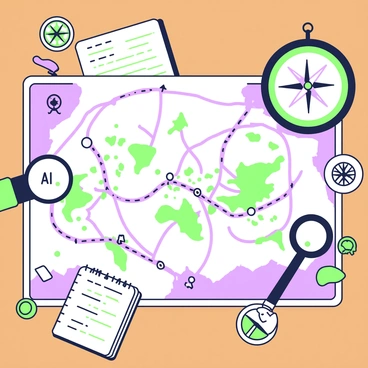 An opened map spread out on a wooden table. The map features various routes marked in green and purple lines that crisscross across different regions. There are several landmarks illustrated, including mountains, rivers, and cities, each identified with unique symbols. A compass rose is positioned in the corner, with its cardinal points clearly indicated. Scattered around the map are small items related to exploration, such as a magnifying glass, a notebook with sketches, and a green-colored compass. A soft light casts shadows across the map, emphasizing the intricate details of the routes and landmarks.