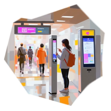 A passenger with medium skin tone is standing at a digital ticket machine located at the entrance of a metro station. The machine is sleek and modern, displaying a digital interface with bright buttons and information. The passenger is focused on the screen, tapping on the options to purchase a ticket. They are wearing a light jacket and have a small backpack slung over one shoulder. In the background, the metro station entrance is visible, with large glass doors and a sign indicating the metro line. Other commuters can be seen in the vicinity, some waiting and others walking towards the platforms.