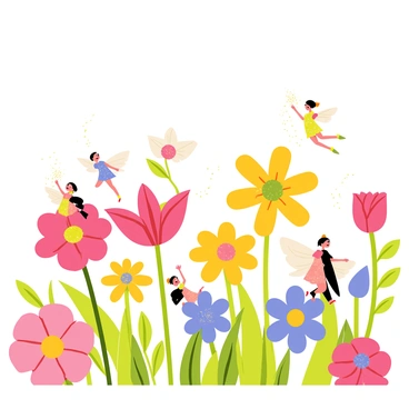 A magical garden filled with vibrant flowers in various shapes and sizes, including daisies, tulips, and roses. Each flower displays distinct, bright colors like pink, yellow, and blue. Tiny fairies with translucent wings flit among the flowers, wearing shimmering outfits made of leaves and petals. Some fairies are perched on flower petals, while others are sprinkling glittering fairy dust over the blooms. The scene is lively, with a clear blue sky above and a gentle breeze suggested by the movement of the flowers.