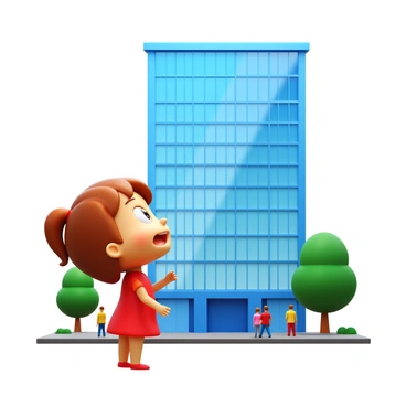 A young girl with brown hair wearing a bright red dress is looking up in awe. Her eyes are wide with wonder as she gazes at a tall skyscraper. The skyscraper features a glass façade that reflects the sunlight. The environment is bustling with people walking on the sidewalk, and a few trees are planted nearby, adding some greenery to the scene. The sky is clear and blue, emphasizing the height of the skyscraper.
