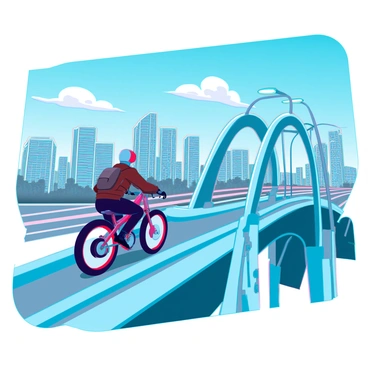 A rugged biker with a leather jacket and a helmet is crossing a large, arched bridge made of steel and concrete. The bridge features intricate designs and has a smooth, wide roadway. In the background, a sprawling city skyline can be seen, showcasing tall buildings with glass windows reflecting the light. The sky is bright blue with a few fluffy white clouds scattered across it. The biker is in motion, leaning slightly forward, demonstrating speed and determination. The bridge is lined with modern street lights, enhancing the urban feel of the scene.