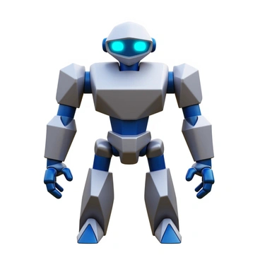 A futuristic robot constructed from low-poly geometric shapes. The robot features a sleek, angular head with glowing blue eyes. Its body is composed of various interlocking triangles and polygons, creating a streamlined appearance. The arms are articulated with blocky segments, allowing for flexibility and movement. The legs are sturdy and designed with a series of sharp angles, giving it a robust stance. The color scheme includes metallic silver and deep blue accents, enhancing its modern aesthetic.