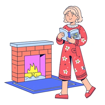 A girl dressed in vintage clothing stands next to a brick fireplace. She is wearing a long, flowing dress with floral patterns and a lace collar. Her hair is styled in soft waves, and she has a warm smile on her face. In her hands, she holds an open book, showing colorful illustrations on the pages. The fireplace is lit, and the flames create a cozy glow, illuminating the girl's face. A patterned rug is laid out on the wooden floor, adding to the warm atmosphere.