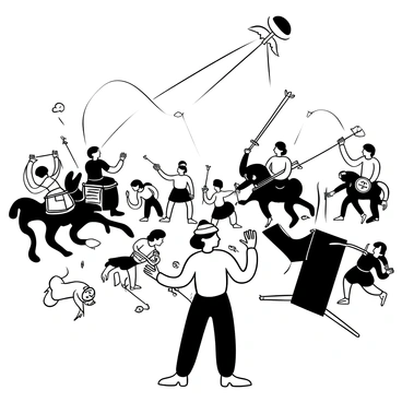 Sanjay stands beside King Dhritarashtra, holding a scroll in one hand as he gestures with the other to convey the battle events. Behind them, a large ethereal scene illustrates the chaos of battle, featuring warriors in armor clashing with swords and shields raised. Divine light softly illuminates the background, showcasing a celestial presence overseeing the conflict. The composition includes various warriors engaged in combat, while arrows fly through the air, and chariots are prominently positioned amidst the turmoil. The overall atmosphere captures the intensity of the moment as Sanjay narrates the unfolding events.